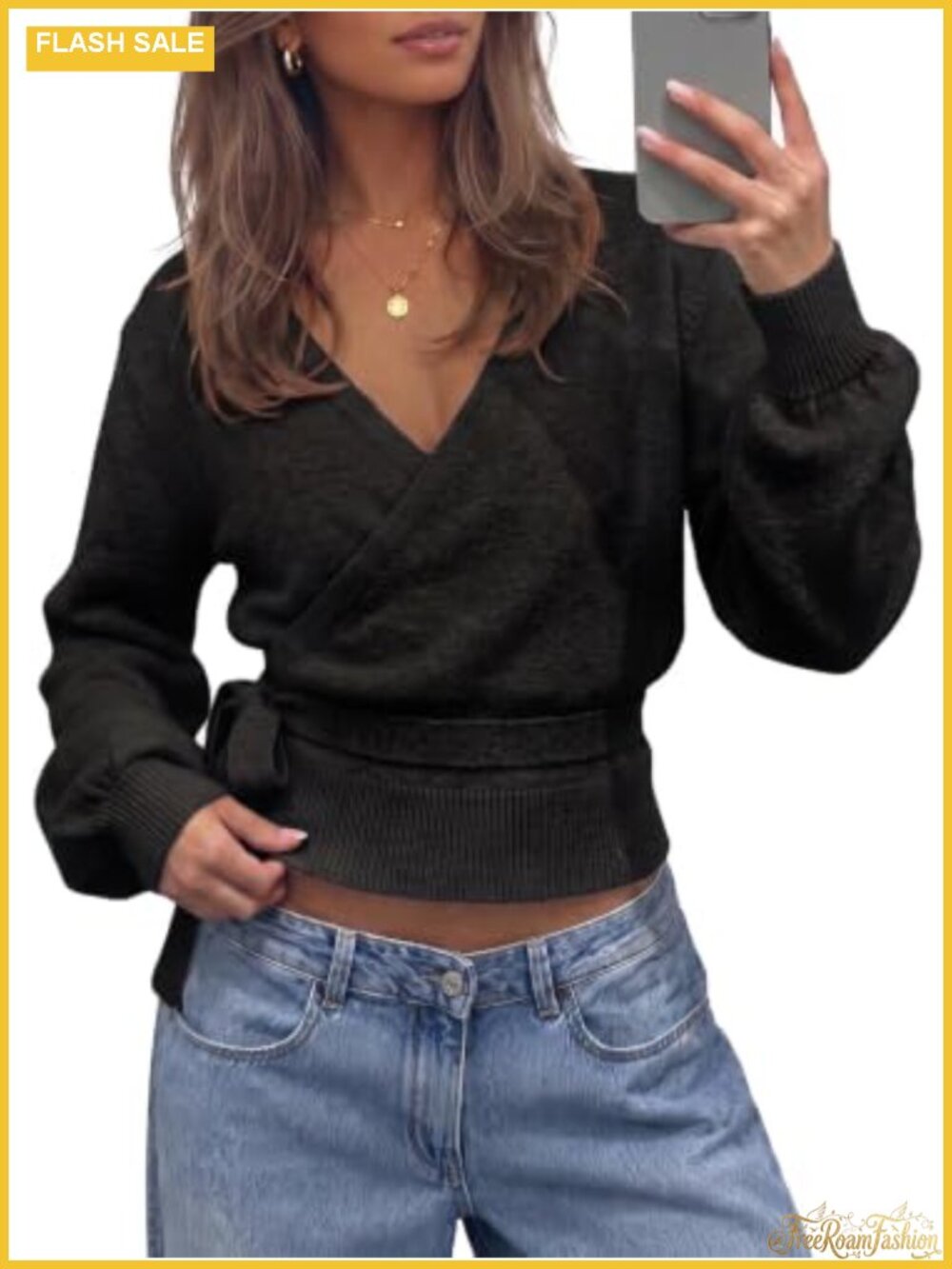 Women's V Neck Wrap Cardigan Sweater, Tie Belted Long Lantern Sleeve, Slim Fit